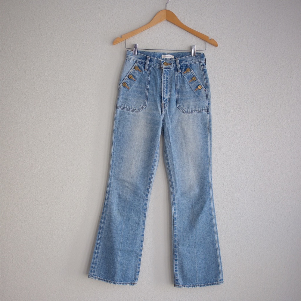 Moussy FLARE, sailor button pockets, light blue wash, size 24, denim jeans